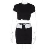 Color Contrast Stitching Two Piece sets Fall Short Sleeve Bare Cropped Slim Fit Skirt Outfit