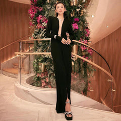Black Long Sleeve Ring V neck Dress White Red Christmas Dress