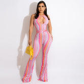 Ausgehöhlter Neckholder-Jumpsuit mit engem Wellenmuster und Schlaghose-Print