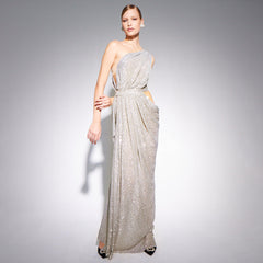 Silver One Shoulder Sequin Patchwork Slit Cropped Outfit Stretch Hipmal Dress