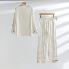 Pyjama pour couple en satin rayonne à manches longues, motif panda brodé, pantalon à carreaux, vêtements d'intérieur