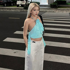 Floral Irregular Asymmetric Ruffled Halterneck Vest Street Niche Casual Top