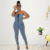 Ärmelloser schulterfreier Korsett-Jeans-Jumpsuit