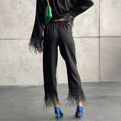 Special-Interest Long Sleeve Feather Shirt Casual Cropped Pants Suit