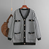 Sweater Loose V neck Houndstooth Long Sleeve Knitted Cardigan Coat Contrast Color