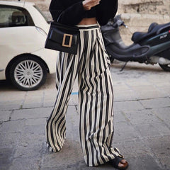 Black White Striped Wide Leg Pants Casual Slimming High Waist Loose Drooping Mop Trousers
