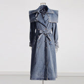 Elegant Denim Trench Coat Polo Collar Lace up Slimming Denim Trench Coat