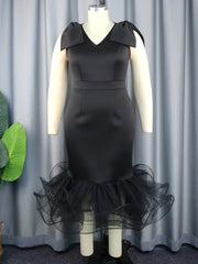 V Neck Sleeveless Bow Dresser Model Mesh Dress