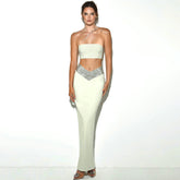 Oblique Shoulder Drill Chain Tube Top Vest Long Skirt Set Nightclub Party Two Piece Suit