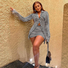 Polo Collar Striped Single Breasted Shirt Misty Short Chic Suit