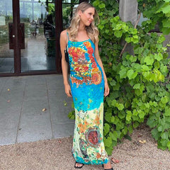 Retroable Personalized Printed off Neck Strap Dress