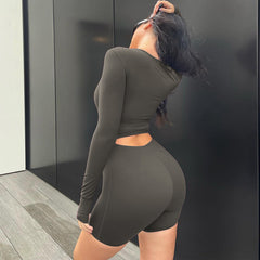 Langarm-Jumpsuit mit U-Kragen, ausgehöhltem Ausschnitt, hoher Taille und Hüftlifting, Sport-Yoga-Overall