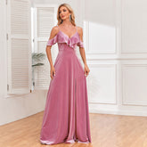 Schulterfreies, vorne geschnürtes, gerüschtes, langes Abendkleid in A-Linie aus Samt, Brautjungfern-Partykleid
