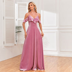 off the Shoulder Front Lace up Ruffles Split Long Evening Dress A line Velvet Bridesmaid Party Dress