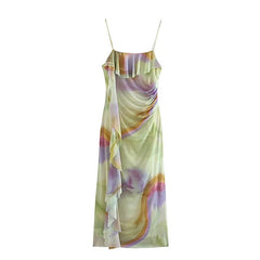 Printed Silk Net Pullover Pleated Laminated Decoration Cami Dress
