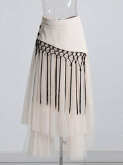 Personalized Machine Embroidery Midi Dress High Waist Buckle Mesh Stitching Skirt