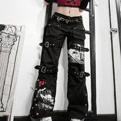 Street Cool Early Printed Metal Buckle Denim Draped Pants
