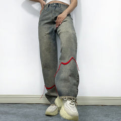 Jean rétro coupe droite à ourlet effiloché, taille haute, pantalon ample amincissant