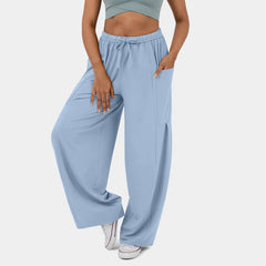 Elastic Waist Pleated Wide Leg Pants High Waisted Trousers Casual Loose Trousers