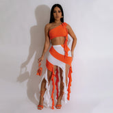 Crossbody Slim Fit Crop Top Sheath a Line Tassel Skirt Two Piece Set 3D Decoration