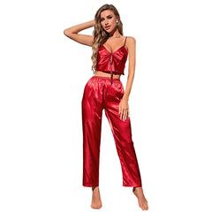 V Neck Backless Slip Dress Breathable Pajama Suit Simulation Silk Dew Cropped Home Wear