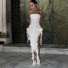 Elegant Wrapped Chest Stitching Lace Open Leg Split Mid Length Dress