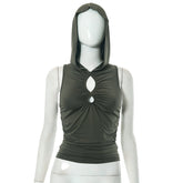 Trend Retro Hollow Out Cutout Hooded Sleeveless Solid Color Short Top