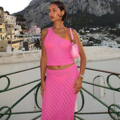 Ensemble caraco en tricot à une épaule, haut de plage court, court, dos nu, jupe mi-longue sous la taille