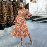 Bedrucktes Kleid, elegantes Kleid mit V-Ausschnitt