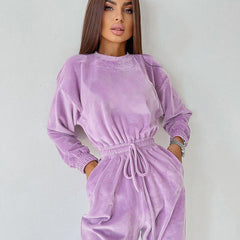 Jumpsuit mit hoher Taille, fürs Büro, lange Ärmel, Rundhalsausschnitt, Schleife, Samt, Zigarettenhose