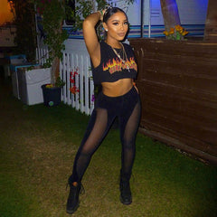 Printed Sleeveless Top Stitching Mesh Trousers Set