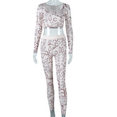 Letter Graphic Printing round Neck Long Sleeve Top High Waist Hip Lift Leggings Suit