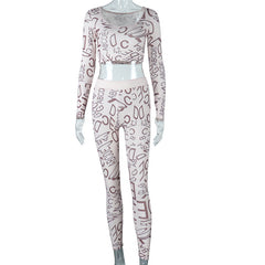 Letter Graphic Printing round Neck Long Sleeve Top High Waist Hip Lift Leggings Suit