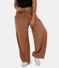 Elastic Waist Pleated Wide Leg Pants High Waisted Trousers Casual Loose Trousers