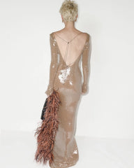 Beige Transparent Sequined V neck Backless Bell Stretch Dress Catwalk Two Way Wear