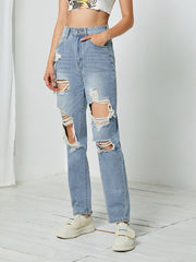 Pantalon droit délavé avec trous cassés, jean taille haute