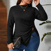 Plus Size Rundhals Slim Fit Asymmetrisches Strick-T-Shirt mit langen Ärmeln