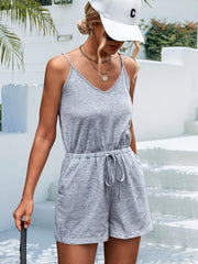 Einfarbige, lockere, lässige Jumpsuit-Shorts mit V-Ausschnitt