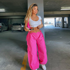 High Waist Hollow Out Cutout Drawstring Solid Color Ankle Banded Working Pants Retro Easy Matching Solid Color Straight Leg Pants