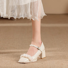 Women's Spring Square Toe Low-cut Thick Pearl Heels