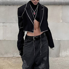 Early Punk Contrast Color Bright Line Loose Lapels Jacket Unique Long Sleeve Coat