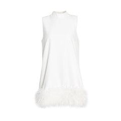 Australian BrShort StCollar Sleeveless Solid Color Stitching Hem Feather Dress
