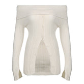off-Shoulder Long-Sleeved Sweater Slimming White Top