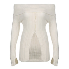 off-Shoulder Long-Sleeved Sweater Slimming White Top
