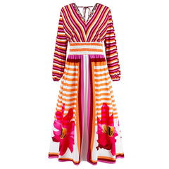 Robe trapèze à manches longues et col en V, imprimée, coupe slim, style rétro