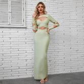 Bandage Bandage Kleid Volltonfarbe Langarm Cutout Taille Baring Kleid Kreuzmuster
