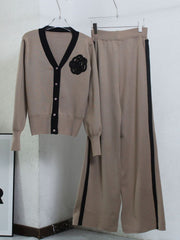 Pullover-Sets in Kontrastfarbe, V-Ausschnitt, langärmliges Strickjacken-Oberteil, lockere, elastische Hose mit weitem Bein, zweiteilige Sets