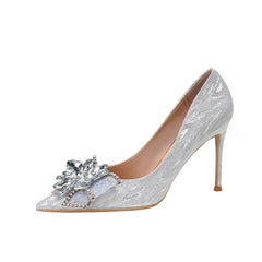 Women's Bridal Wedding Stiletto Pointed French Cinderella Crystal
