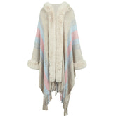 Hooded Cape Striped Knitted Tassel Shawl