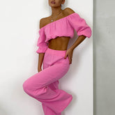 Ensemble deux pièces en pur coton Champray, couleur unie, col rond, manches courtes, taille haute, pantalon large, décontracté